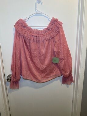 Pleated Ruffle Off-Shoulder Blouse in Dusty Rose